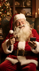 santa claus with christmas tree and phone