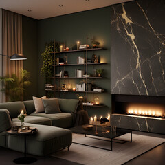 Interior living room minimalism green, Beautiful Christmas aesthetic, dark color palette