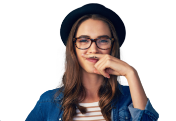 Isolated woman, mustache and finger by portrait with smile, face or funny by transparent png background. Girl, glasses and retro fashion for comic emoji, joke and art on hand for beard with laugh