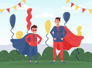 Happy Man Father with His Son in Superhero Costume Celebrate Holiday Vector Illustration