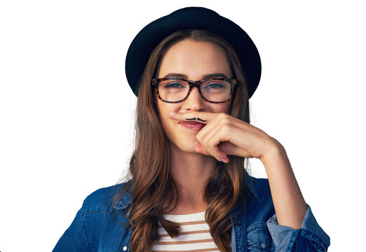 Isolated woman, mustache and finger by portrait with smile, face or funny by transparent png background. Girl, glasses and retro fashion for comic emoji, joke and art on hand for beard with laugh