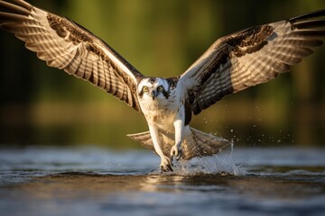 Photo of a majestic osprey in mid-air, hunting for fish. Generative AI - obrazy, fototapety, plakaty