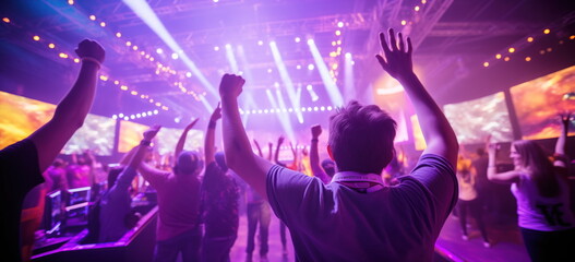 Crowds cheering at a IT event, game festival, or live event. 