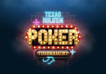 Poker tournament retro neon billboard. Shining casino banner with neon lights. Vector illustration. - obrazy, fototapety, plakaty
