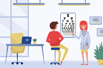 Woman Doctor with Patient Have Hospital Appointment Point at Eye Chart Vector Illustration