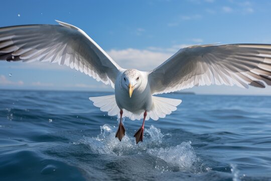 Photo of a seagull in dynamic flight. Generative AI