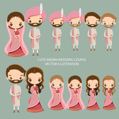 vector illustration of a cute Indian couple in the wedding outfit. 