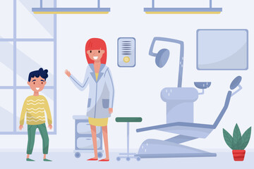 Woman Dentist with Boy Patient Have Hospital Appointment Vector Illustration