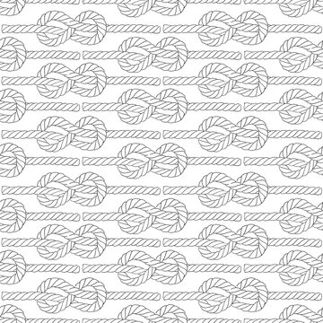 Seamless pattern of rope cords eight knots. Hand painted elements. Black on white background. Hand drawn line illustration. Ropes with loop. Nautical thread whipcord