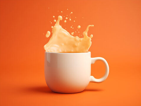 cup of coffee with milk  splashes  on a orange background Generative AI