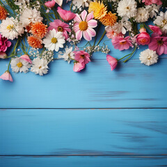 Garden flowers over blue wooden table background. Backdrop with copy space, ai technology