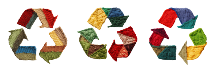Set of recycle sign made of textile material, cut out - stock png.
