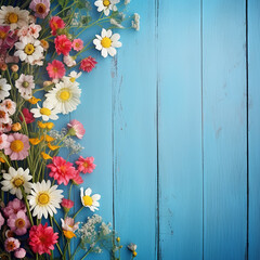 Fototapeta premium Garden flowers over blue wooden table background. Backdrop with copy space, ai technology