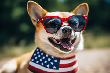 A Welsh Corgi dog wearing sunglasses and with a US flag on his neck on a blurred background. Elections, US Independence Day. Patriotic dog. Generative AI - obrazy, fototapety, plakaty