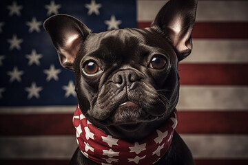 French bulldog dog with a bandage around its neck on the background of the US flag. Elections, US Independence Day. Patriotic dog. Generative AI - obrazy, fototapety, plakaty