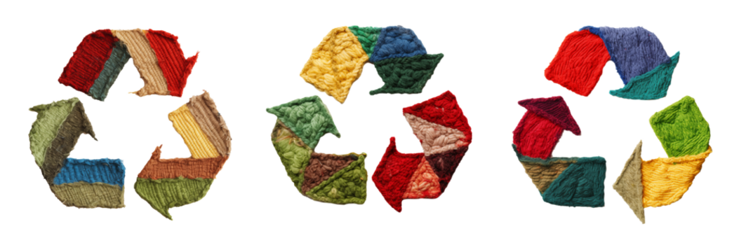 Set of recycle sign made of textile material, cut out - stock png.