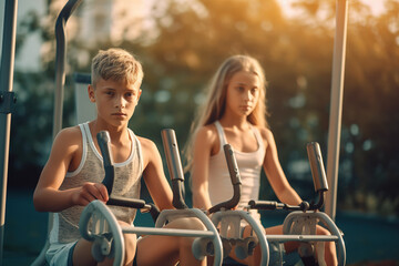 Young caucasian boy and girl exercising on gym machine outdoors surrounded by trees.