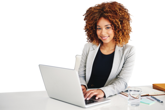 Laptop, desk and portrait of business woman typing email or project on internet. Computer, table and face of happy professional corporate consultant working isolated on a transparent png background