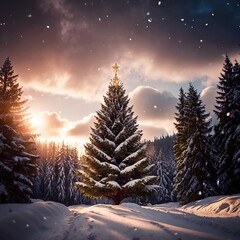 Naklejka premium Festive decorated Christmas Tree in outdoor snow landscape