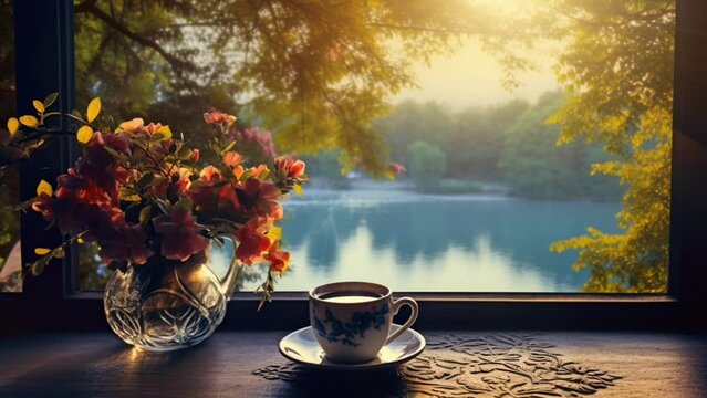 Warm coffee by the window with a view of beautiful spring flowers. Seamless looping video background animation. Generated with AI