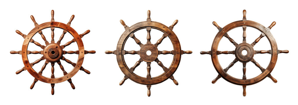 Set of vintage wooden ship rudder, cut out - stock png.