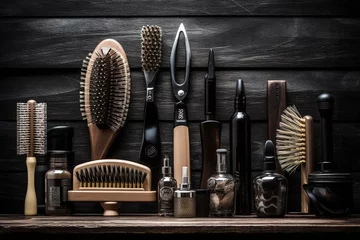 Poster Hairdresser tools on black wooden background. © Bojan