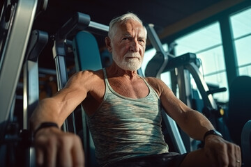 Fototapeta na wymiar Elderly man resting on exercise machine during training at gym.