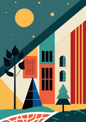 Christmas card. Editable vector illustration for postcard, A4 size, bauhaus style.