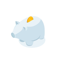 isometric piggy bank and coin, in color on a white background, banking and financial savings or deposit