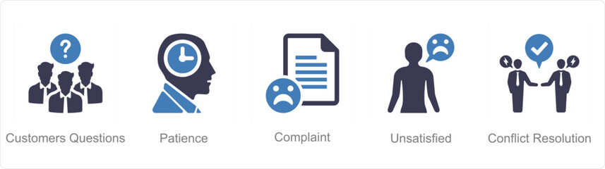 A set of 5 Customer service icons as customer questions, patience, complaint