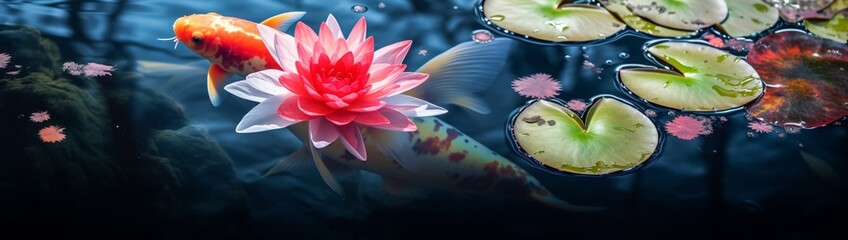 An isolated lily pad in a tranquil koi pond, with a single bloom standing as a beacon among the...