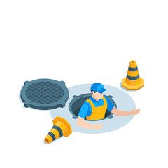 an isometric man in a work uniform looks out of a manhole, in color on a white background, road work is being carefully carried out