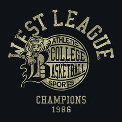 West league college basketball athletic department champions vintage vector artwork for kids boy t shirt grunge effect in separate layers