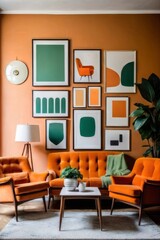 Green sofa and orange chairs against wall with poster frame. Mid-century, vintage, retro style home interior design of modern living room.