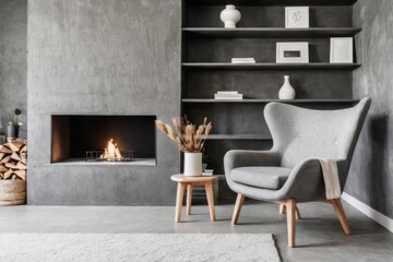 Grey chair by fireplace against window. Scandinavian home interior design of modern living room.