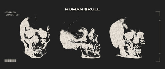 Human skull with retro photocopy negative effect. Trendy retro aesthetics of the 90s-2000s. Elements for the design of posters, banners, cards.	