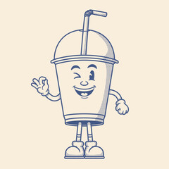Tea cup character, plastic cup retro cartoon mascot character