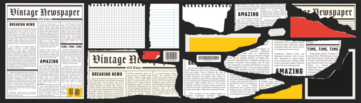 Torn newspaper and paper. Notebook sheets, barcode, stickers. Trendy retro style elements for collages. Vector.