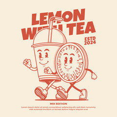 Tea cup with lemon character, plastic cup retro cartoon mascot character