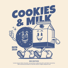 Cookies and milk cartoon mascot, retro mascot character