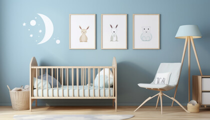 A photo mockup of a wall has one picture with a ratio of 2: 3, the room is a children's nursery in light blues colours --ar 7:4 --stylize 50 --v 5.2 Job ID: e08db700-0b22-48aa-9648-5c6d892a50d7