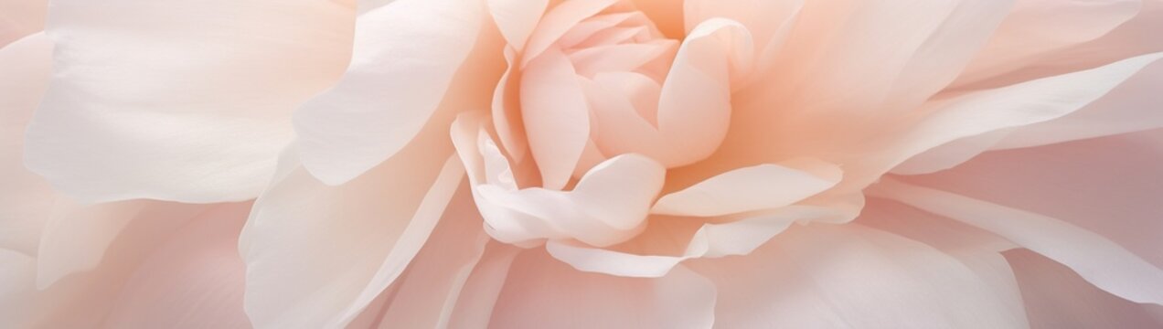 A close-up of a peonya??s ruffled petals, the soft pink hues blending subtly into creams and whites.