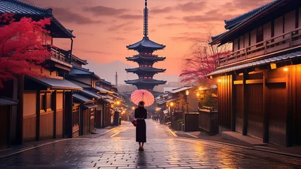 Fotobehang Asian woman in kimono with umbrella in Kyoto. © JKLoma