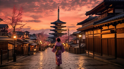 Asian woman in kimono with umbrella in Kyoto. - obrazy, fototapety, plakaty
