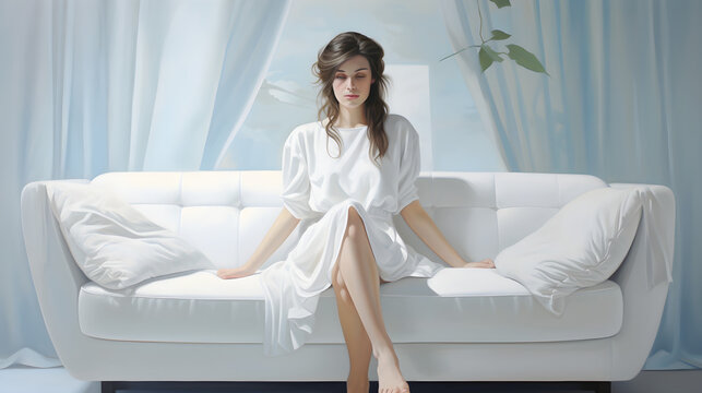A young woman meditates on a white sofa