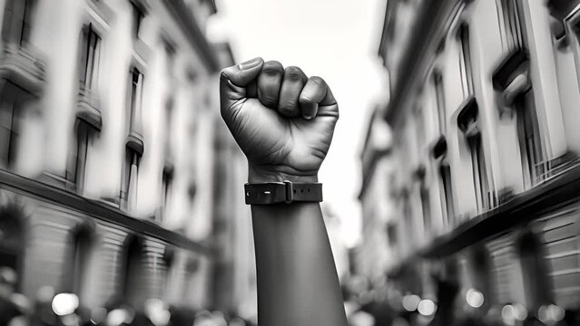 Raised fist moving Activist protesting against racism and fighting for equality - Black lives matter demonstration on street for justice and equal rights Blm international movement concept copy space.