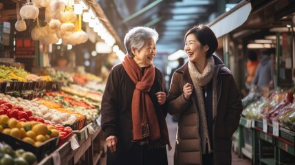 Asian Chinese elderly mother happy shopping foods with young daughter choosing quality ingredients...