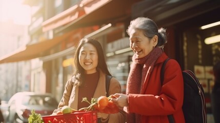 Chinese elderly mother and young daughter walking in China downtown market shopping food and ingredients preparing for Chinese New Year party dinner celebration with big family come back to home town