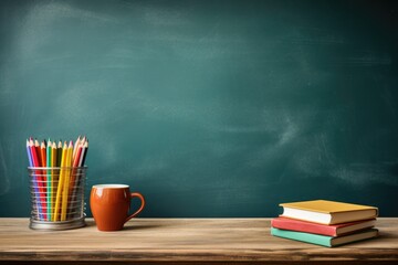 A desk with books and pencils and a cup - obrazy, fototapety, plakaty
