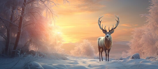 Winter fairy forest at sunset, where a noble deer with big horns receives lonely mail. The scene evokes a winter holiday image.